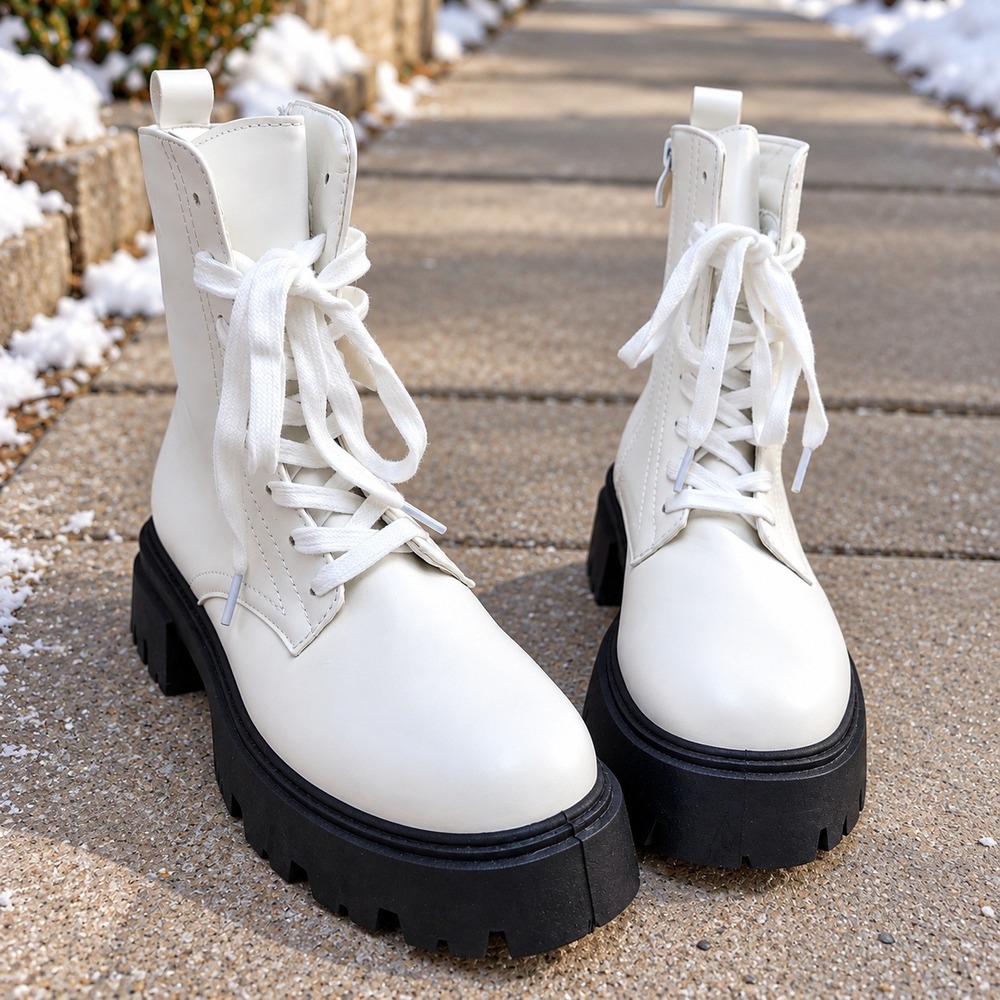 Olivia Miller Womens White Combat Boots Black Lug Sole Platform Ankle Boot Sz 8